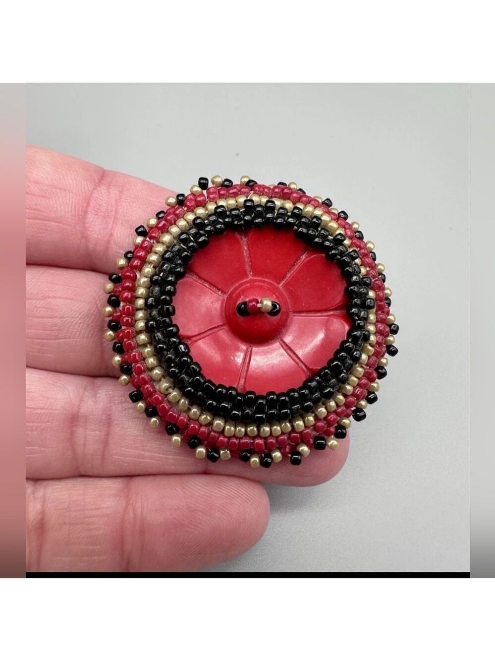 Vintage Leather Beaded Native American  Brooch Pin, 1.5"